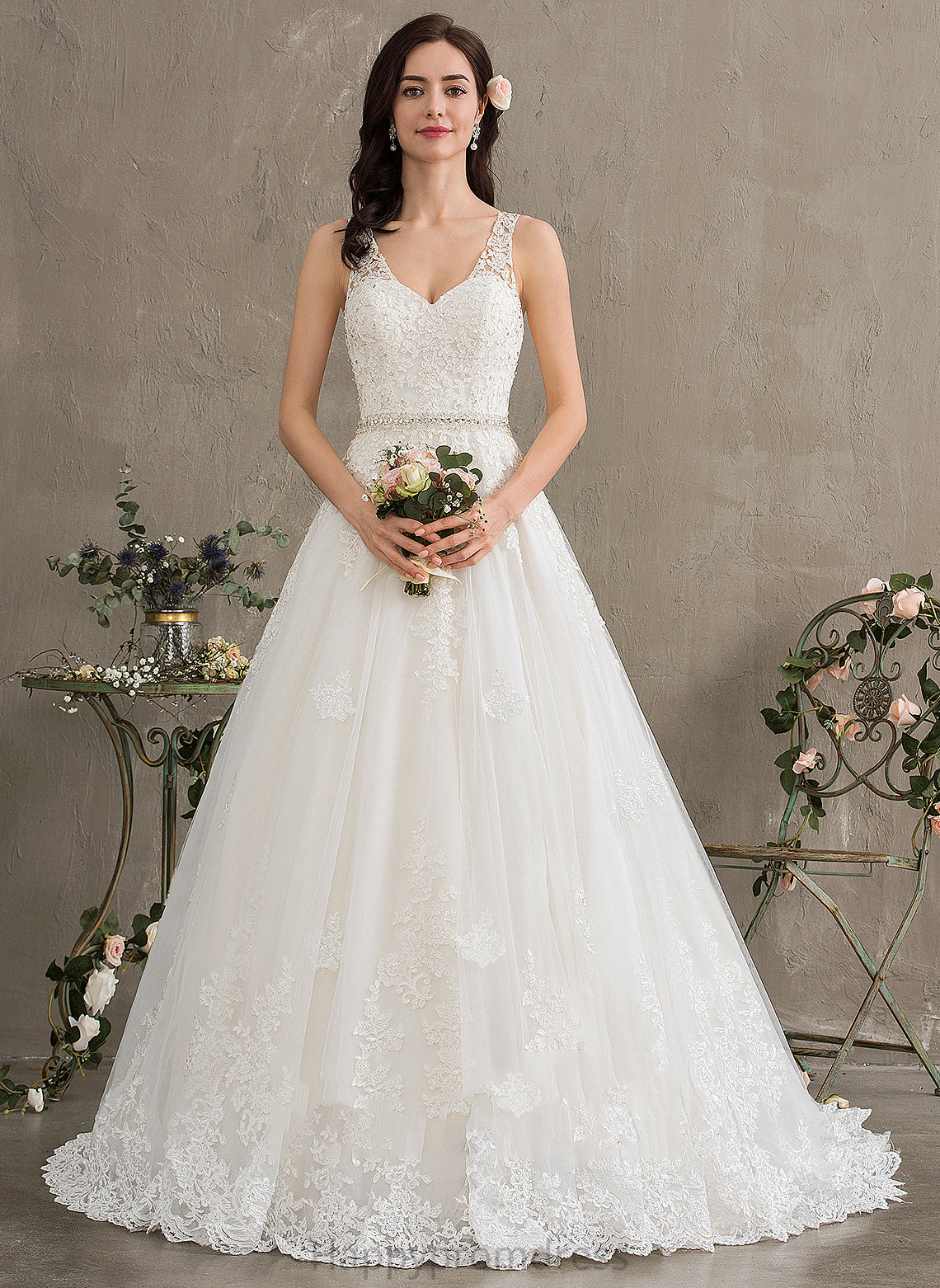 Wedding Dress Tulle Wedding Dresses With Train Beading Lace Jakayla Court Sequins V-neck Ball-Gown/Princess