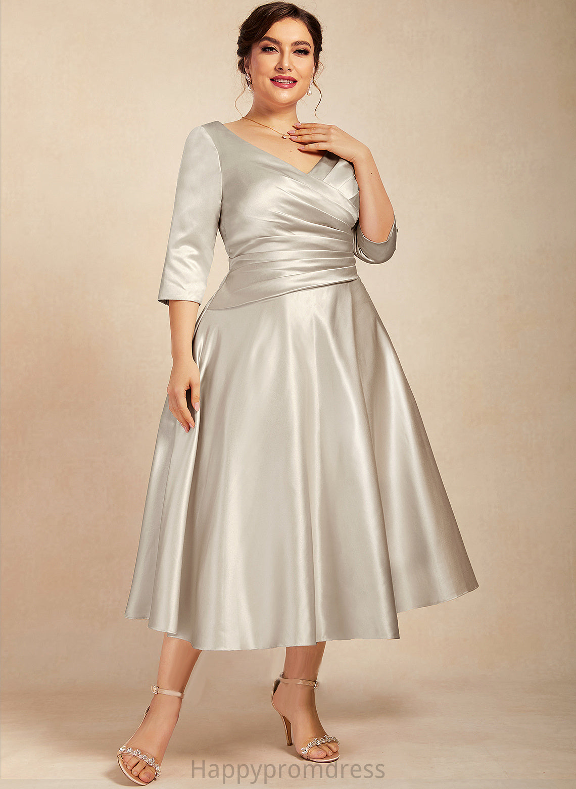 Bride Mother of the Bride Dresses Satin Mother Brenda A-Line With Ruffle Tea-Length V-neck Dress of the