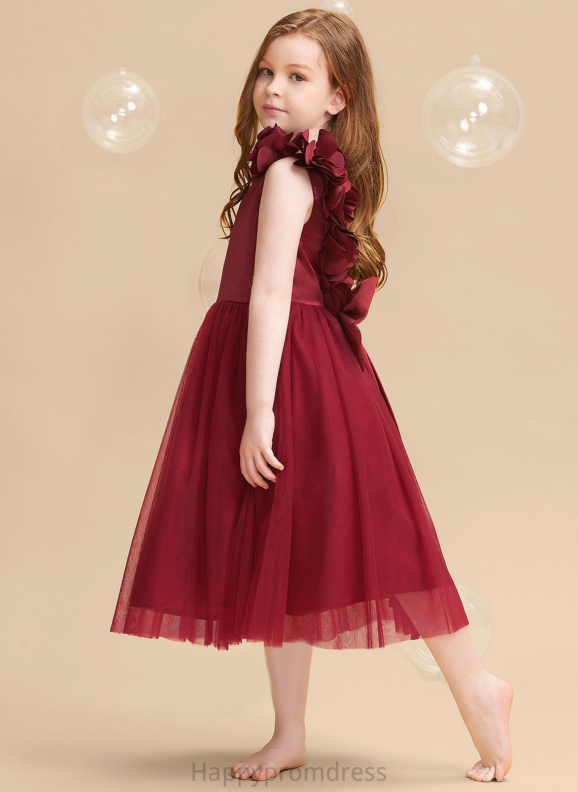 - With Flower(s)/Bow(s) Flower Satin/Tulle Flower Girl Dresses Nora V-neck A-Line Girl Dress Sleeveless Tea-length