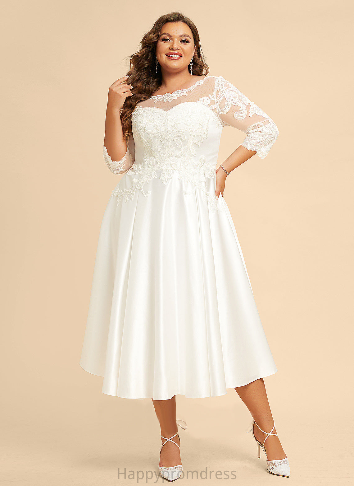 Illusion A-Line Lace With Satin Wedding Tea-Length Wedding Dresses Dress Louisa