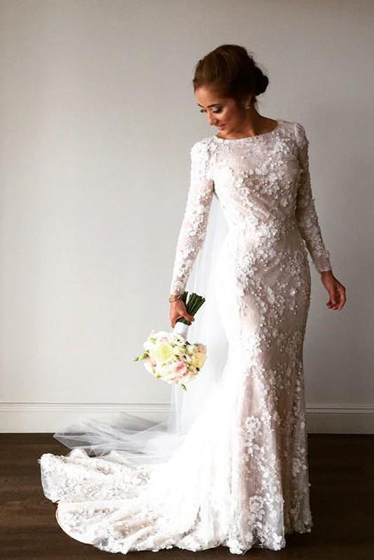 Delicate Mermaid Lace Appliques Long Sleeves Wedding Dresses