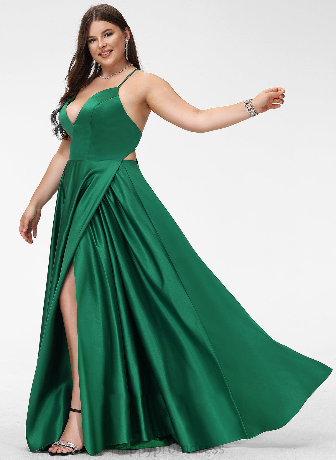 Floor-Length Satin Prom Dresses A-Line V-neck Ina