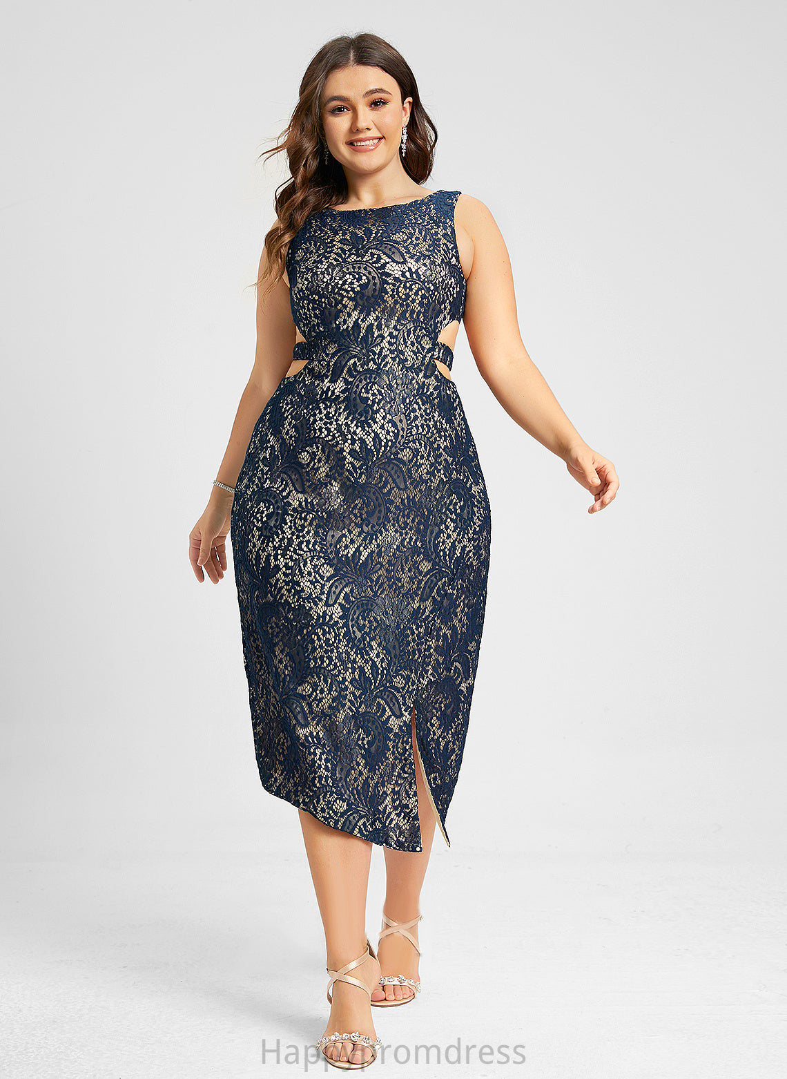 Split Neck Scoop Tea-Length Dress Front Cocktail Dresses With Cocktail Sheath/Column Kate Lace