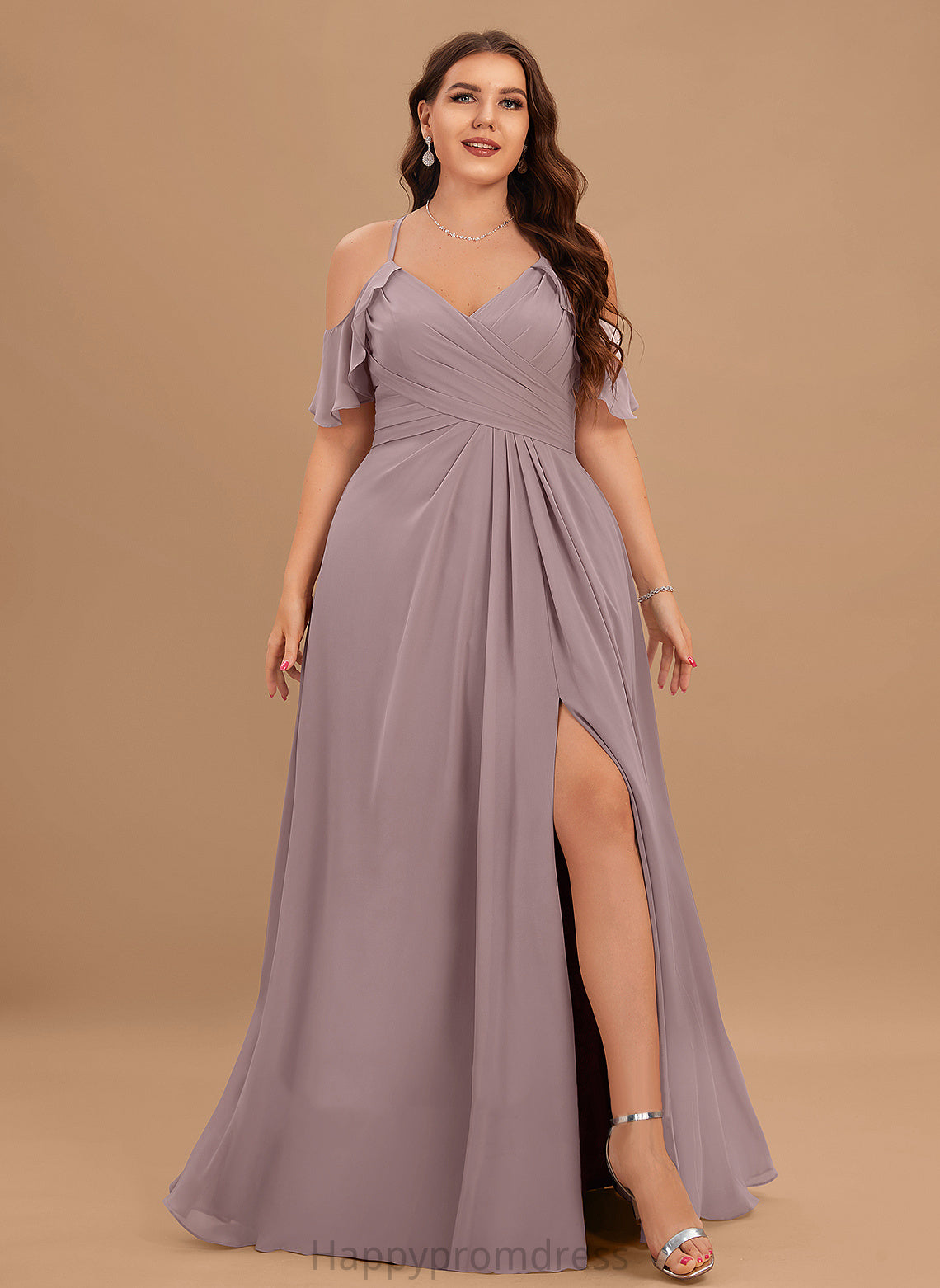 V-neck Embellishment A-Line Silhouette Fabric ColdShoulder Floor-Length SplitFront Length Neckline Ruffle CascadingRuffles Bridesmaid Dresses