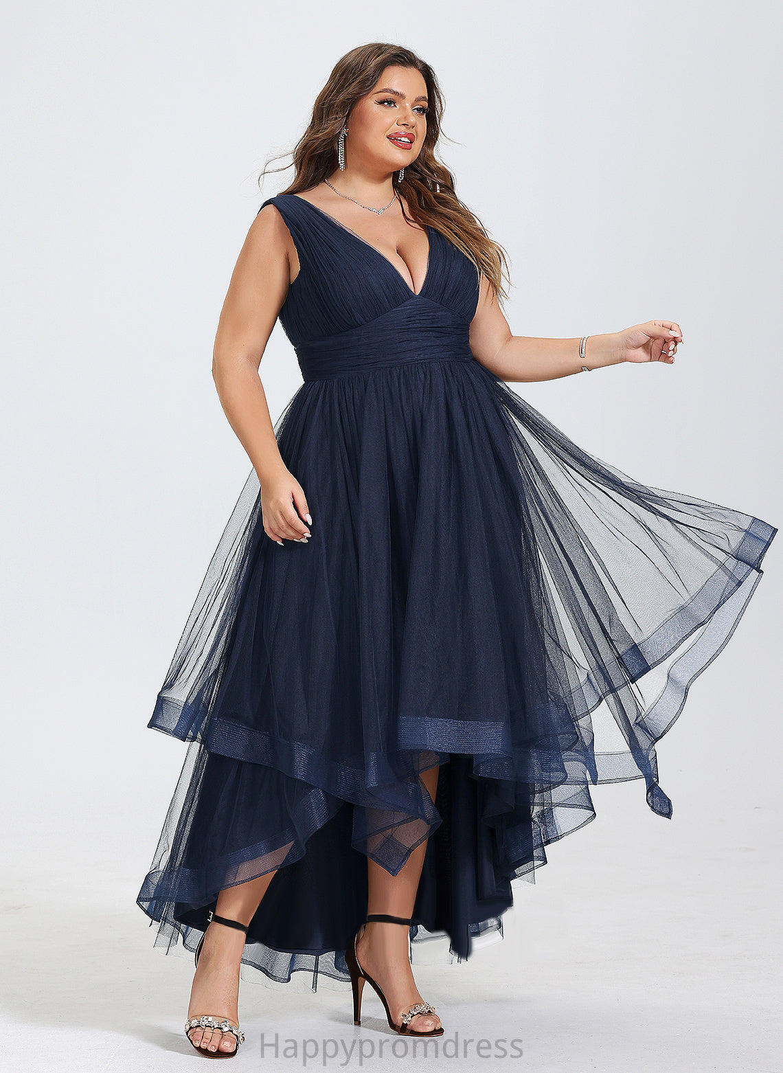 Adrienne Asymmetrical Tulle Cascading V-neck With A-Line Dress Pleated Cocktail Cocktail Dresses Ruffles