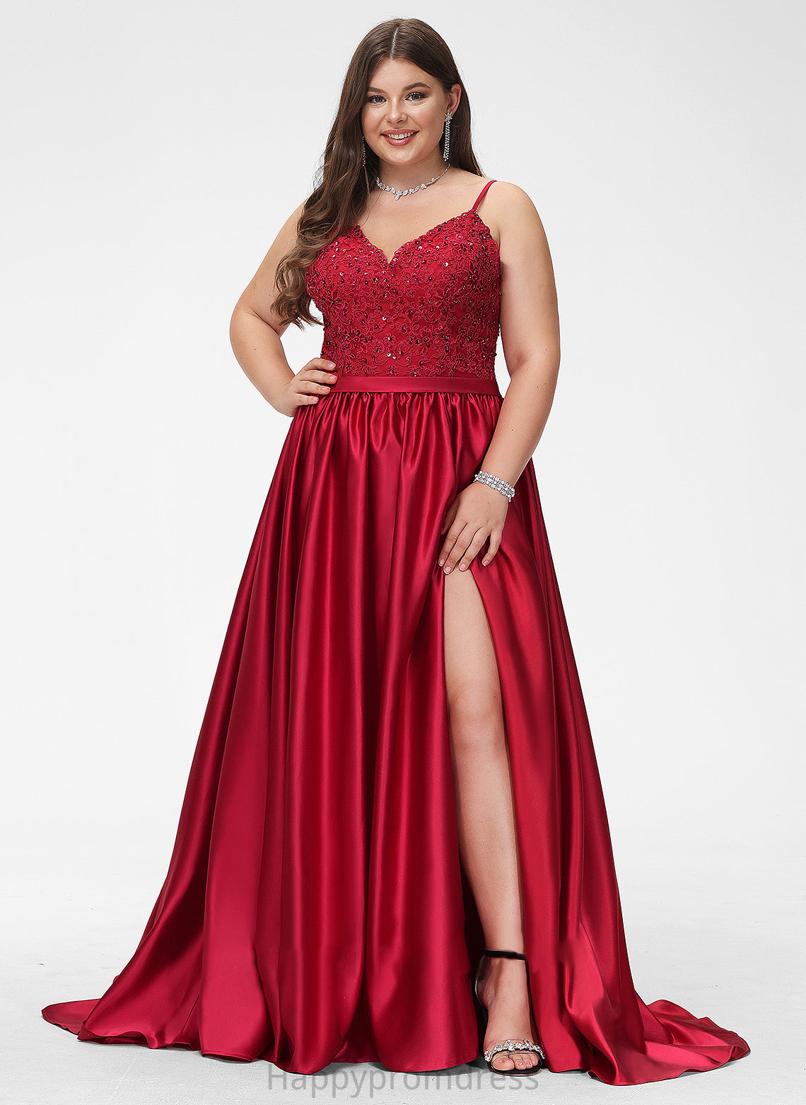 Split Sequins With Prom Dresses Front Ball-Gown/Princess V-neck Train Shania Satin Beading Sweep