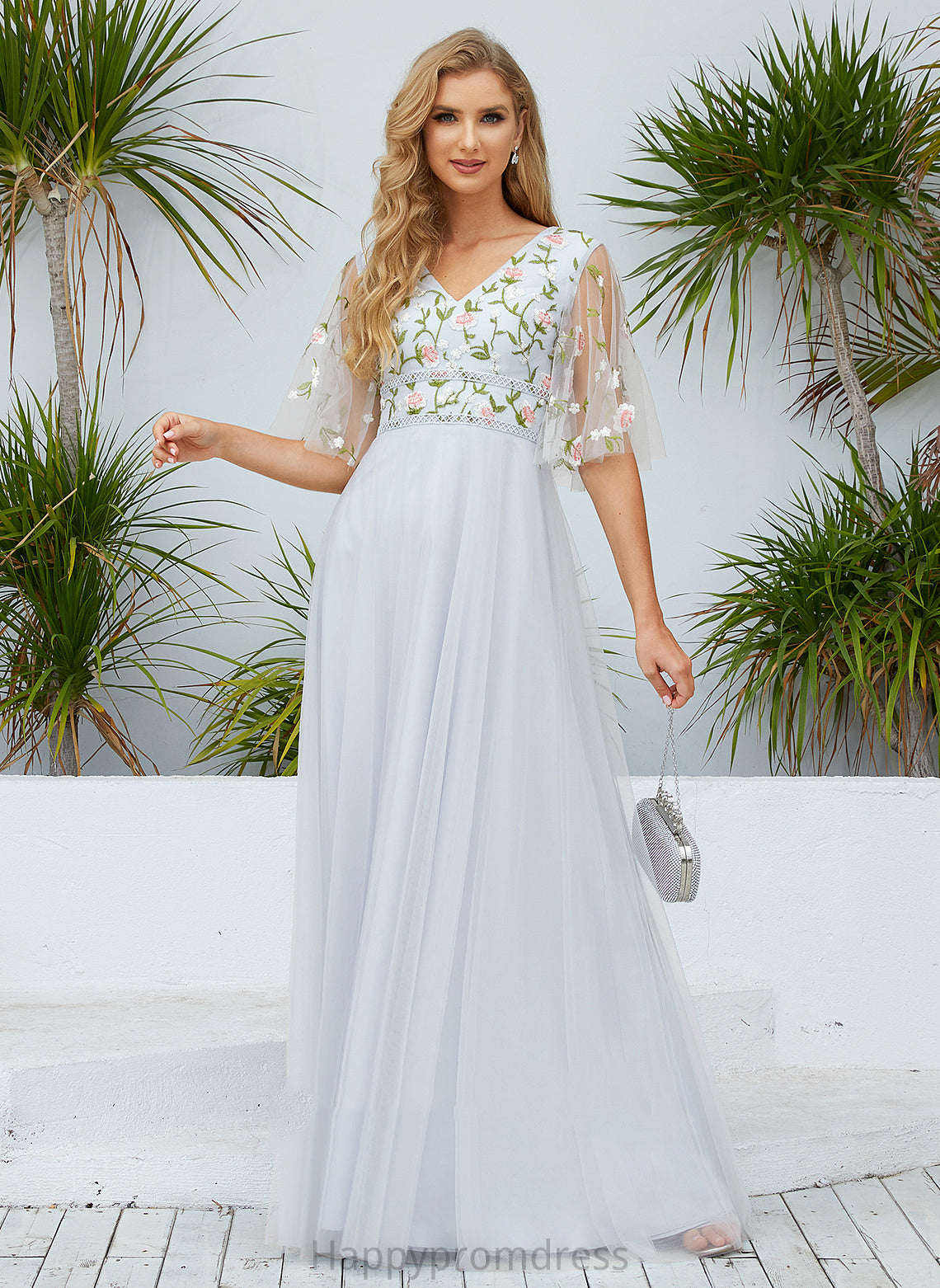 Silhouette A-Line Embellishment Fabric Length V-neck Flower(s) Floor-Length Neckline Felicity Off The Shoulder Natural Waist Bridesmaid Dresses