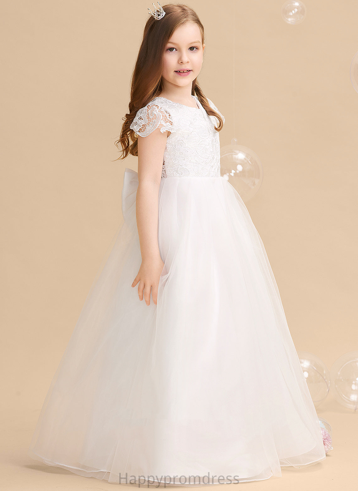 Tulle/Lace Short Ball-Gown/Princess Bow(s) Scoop Girl Flower With Anabel - Sleeves Dress Flower Girl Dresses Neck Floor-length