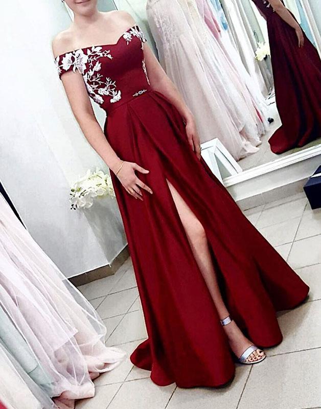 Burgundy Off Shoulder V Neck Formal Party Dresses Prom Dresses with Split Side