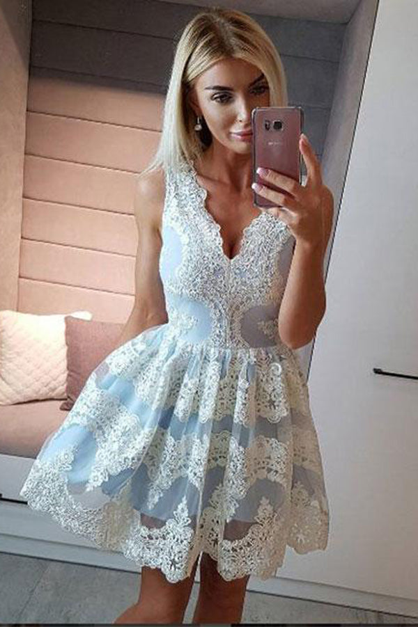 Deep V Neck Sleeveless Lace Appliques Short Homecoming Dresses