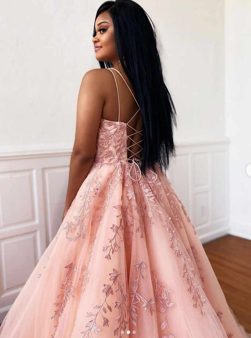 Pink Sleeveless A Line Tulle Lace Appliques Long Prom Dresses