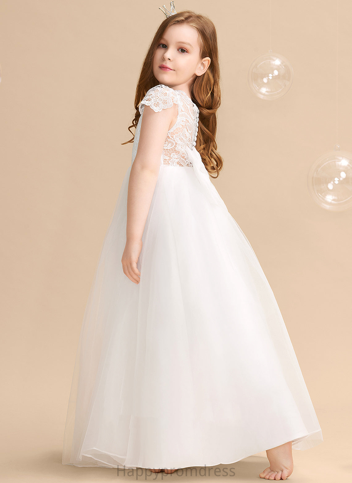 Tulle/Lace Short Ball-Gown/Princess Bow(s) Scoop Girl Flower With Anabel - Sleeves Dress Flower Girl Dresses Neck Floor-length