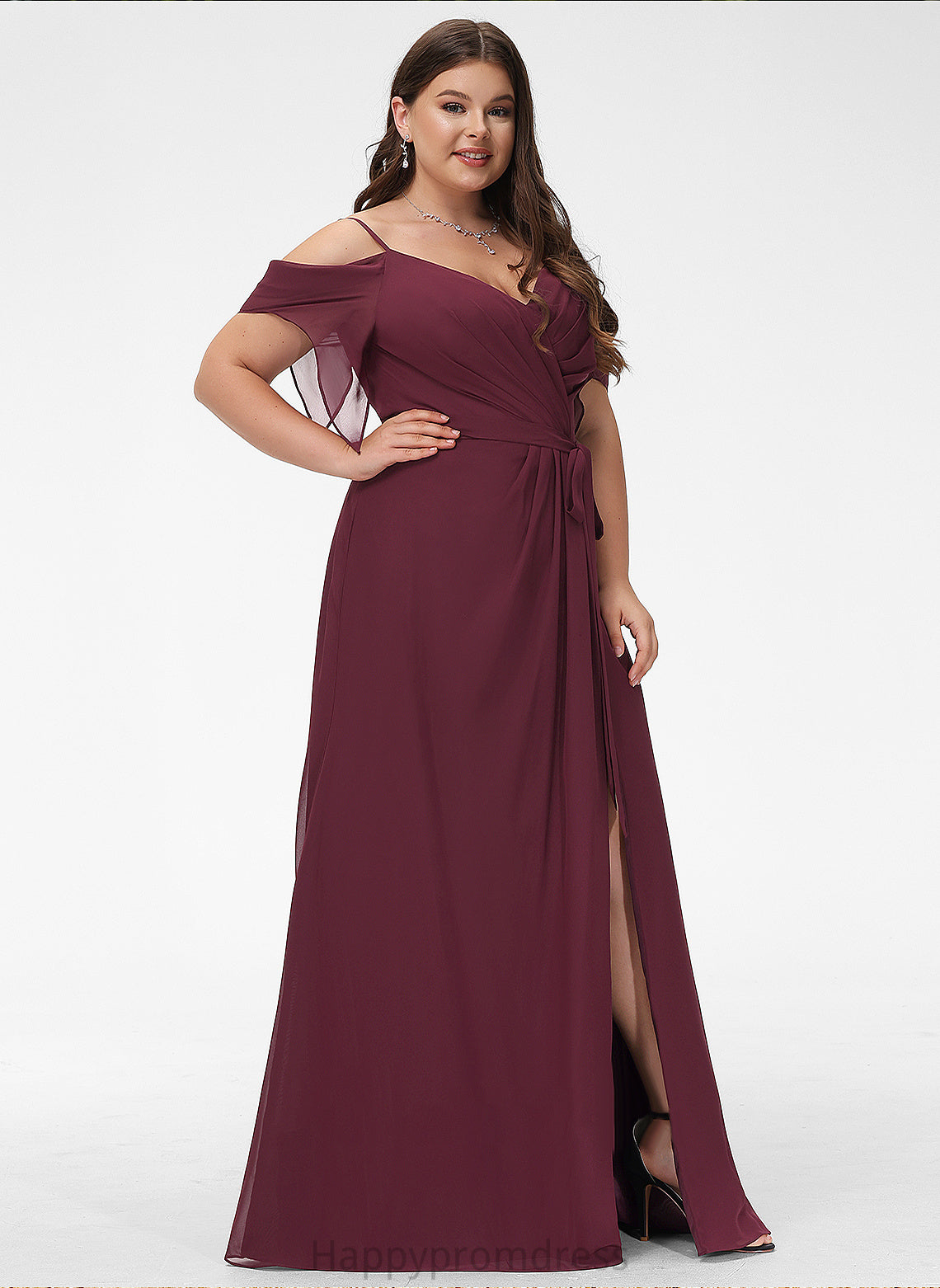 V-neck A-Line Length Fabric Sash Neckline Ruffle SplitFront Floor-Length Silhouette Embellishment Deanna Bridesmaid Dresses