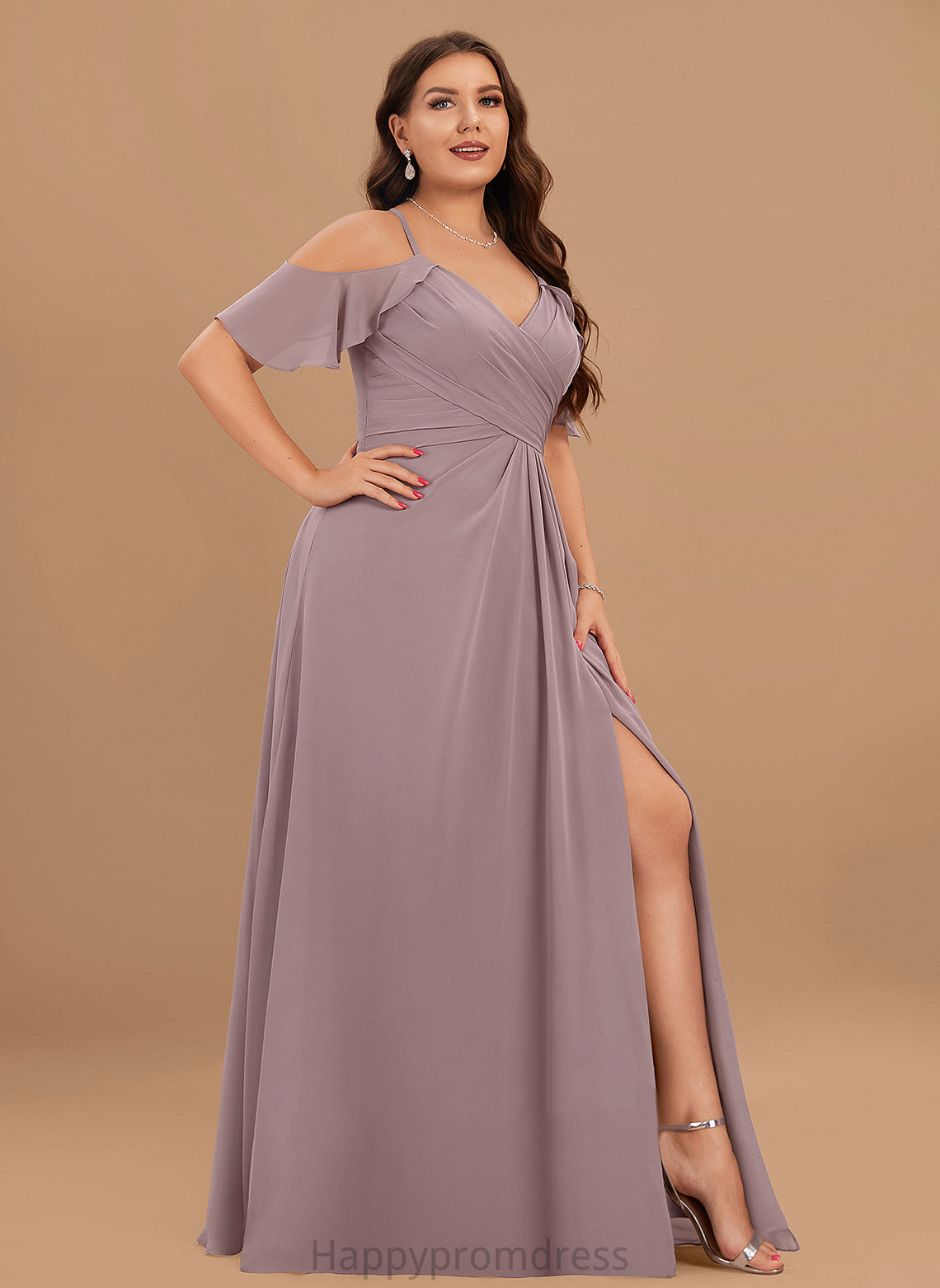 V-neck Embellishment A-Line Silhouette Fabric ColdShoulder Floor-Length SplitFront Length Neckline Ruffle CascadingRuffles Bridesmaid Dresses