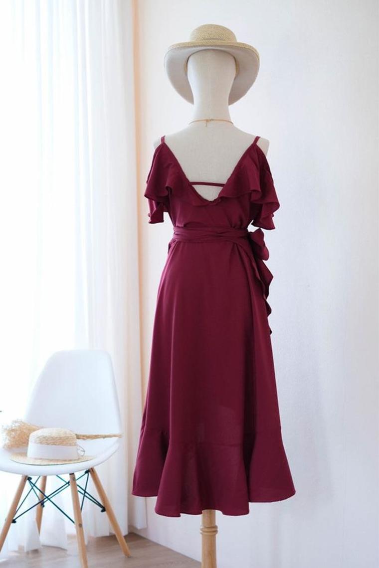 Elegant High-Low V-Neck Burgundy Homecoming Dress With Ribbon