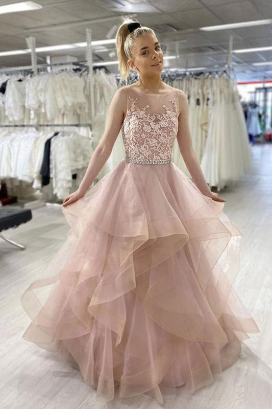 Pink Sleeveless A Line Tulle Lace Sweet 16 Dresses Prom Dresses