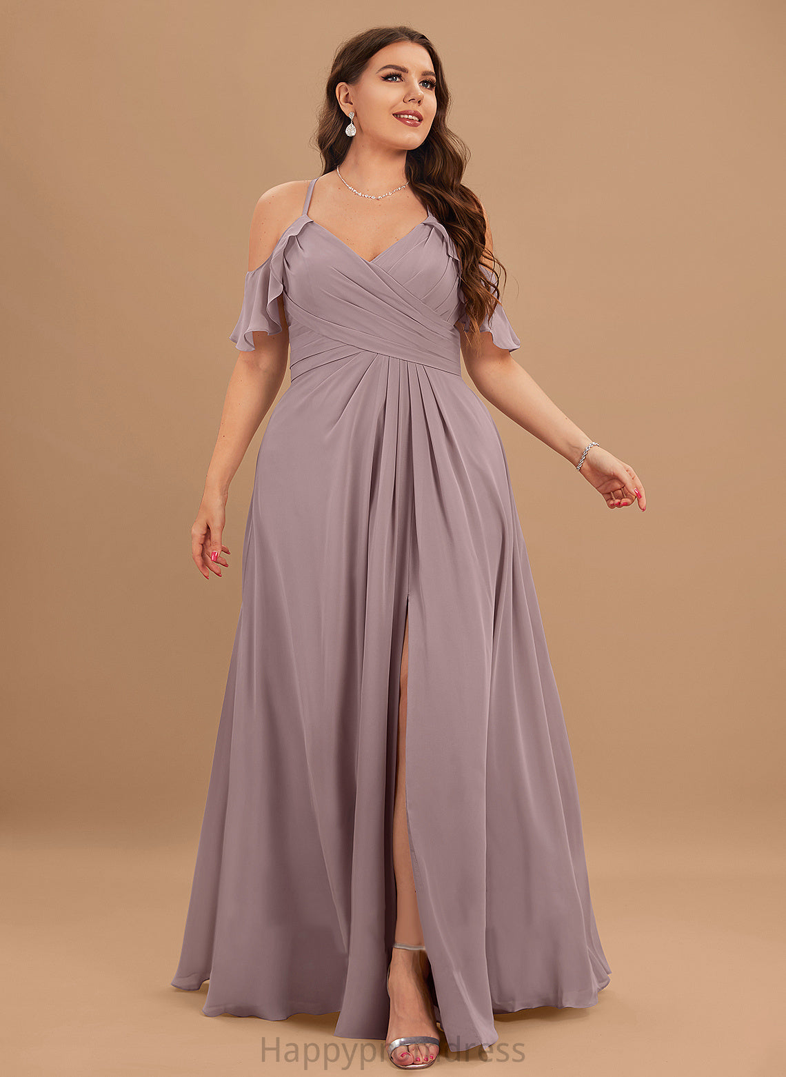 V-neck Embellishment A-Line Silhouette Fabric ColdShoulder Floor-Length SplitFront Length Neckline Ruffle CascadingRuffles Bridesmaid Dresses