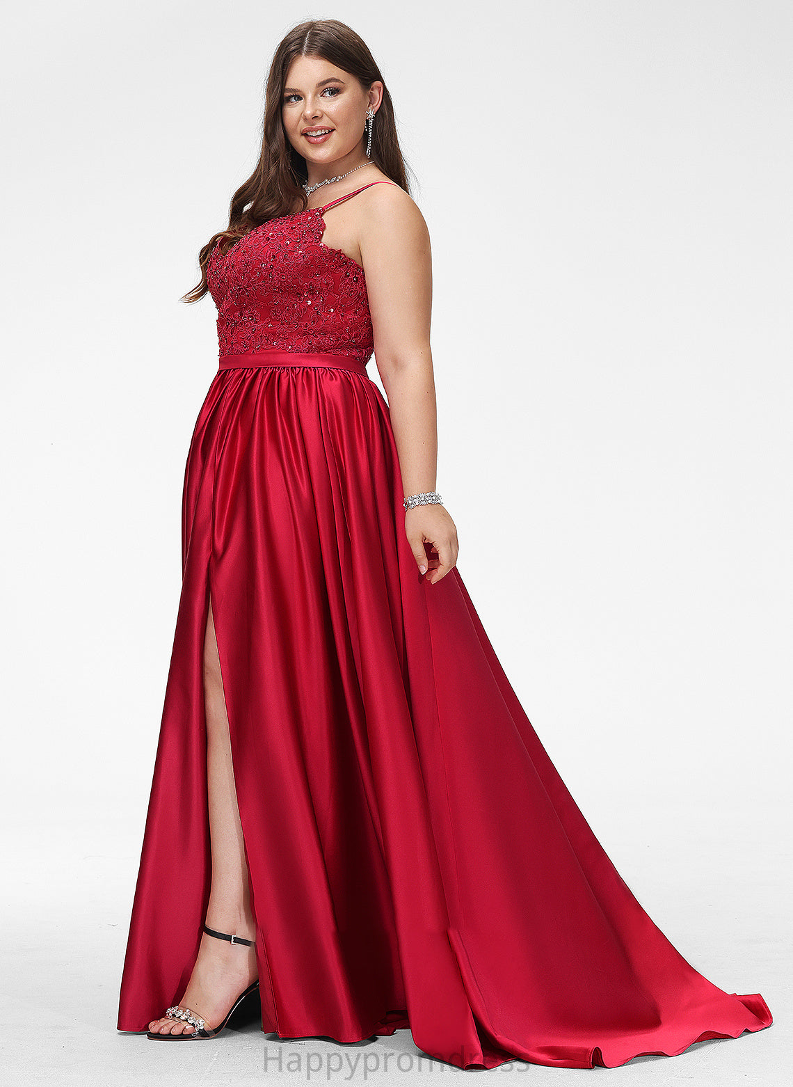 Split Sequins With Prom Dresses Front Ball-Gown/Princess V-neck Train Shania Satin Beading Sweep