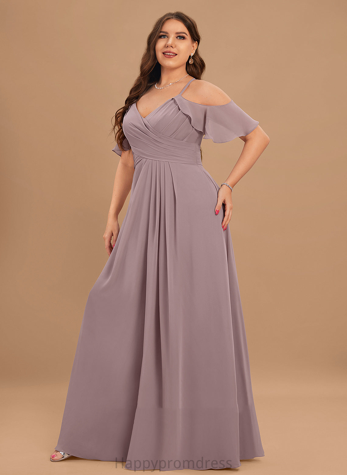 V-neck Embellishment A-Line Silhouette Fabric ColdShoulder Floor-Length SplitFront Length Neckline Ruffle CascadingRuffles Bridesmaid Dresses