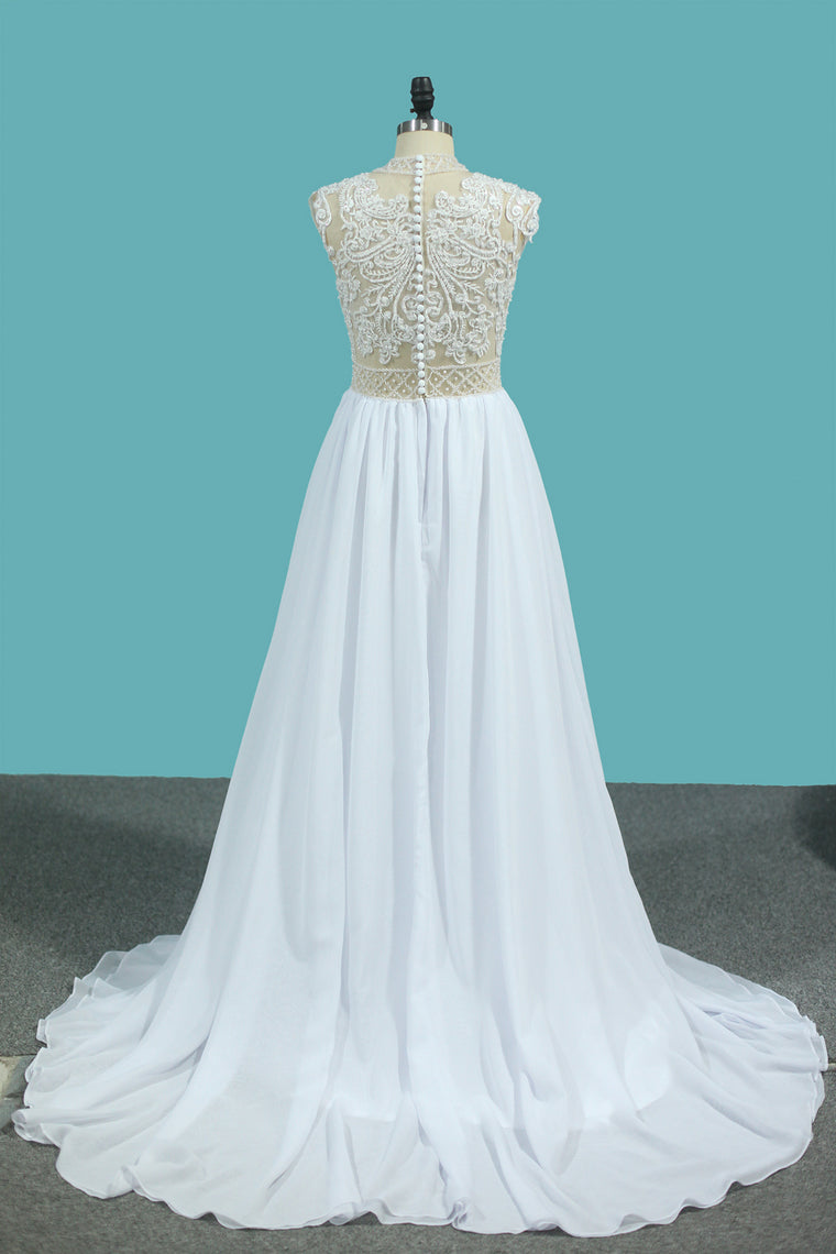 2024 A Line Chiffon High Neck Wedding Dresses With Beads And Slit Sweep Train