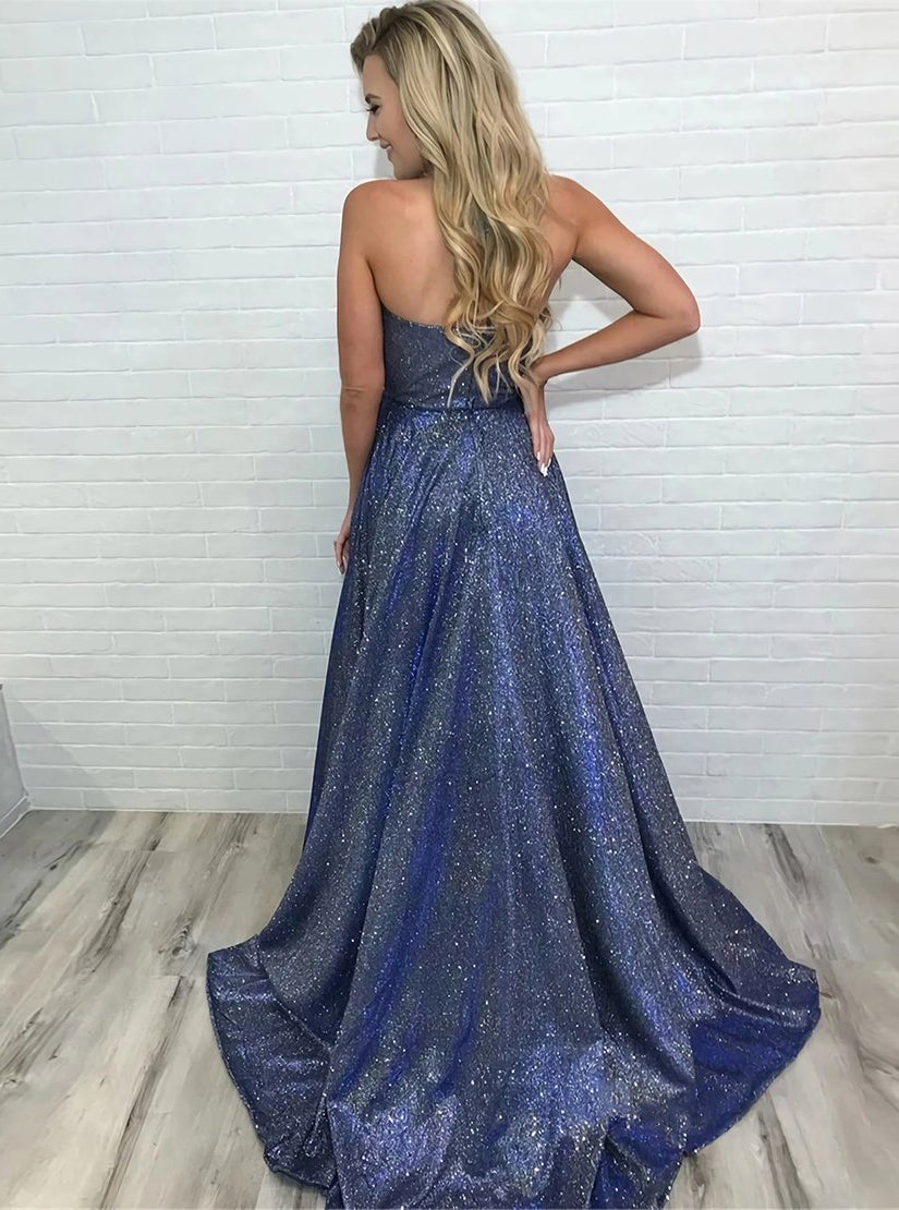 Sparkly Sleeveless Spaghetti Strap A Line Split Prom Dresses