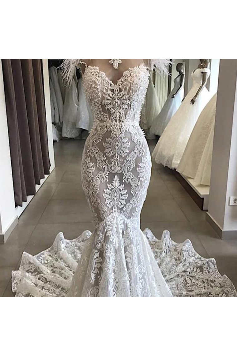 Luxury Lace Mermaid Wedding Dress With Train Sexy Open Back Pearls Wedding Gowns