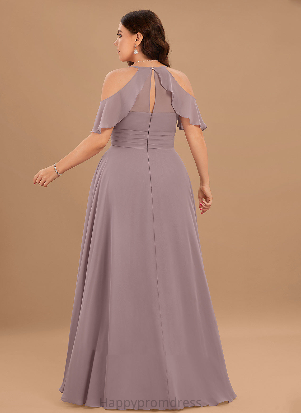 V-neck Embellishment A-Line Silhouette Fabric ColdShoulder Floor-Length SplitFront Length Neckline Ruffle CascadingRuffles Bridesmaid Dresses