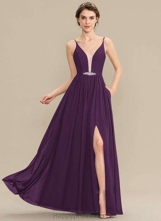 Floor-Length Fabric Neckline A-Line Sequins Length SplitFront Beading V-neck Pockets Embellishment Silhouette Bridesmaid Dresses