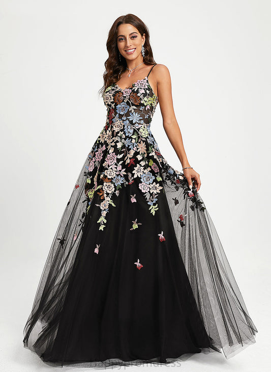 Ximena Ball-Gown/Princess V-neck Train With Tulle Lace Sweep Prom Dresses