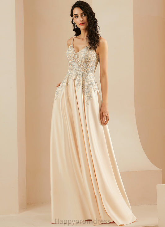 V-neck Floor-Length Shaniya Prom Dresses With A-Line Lace Satin