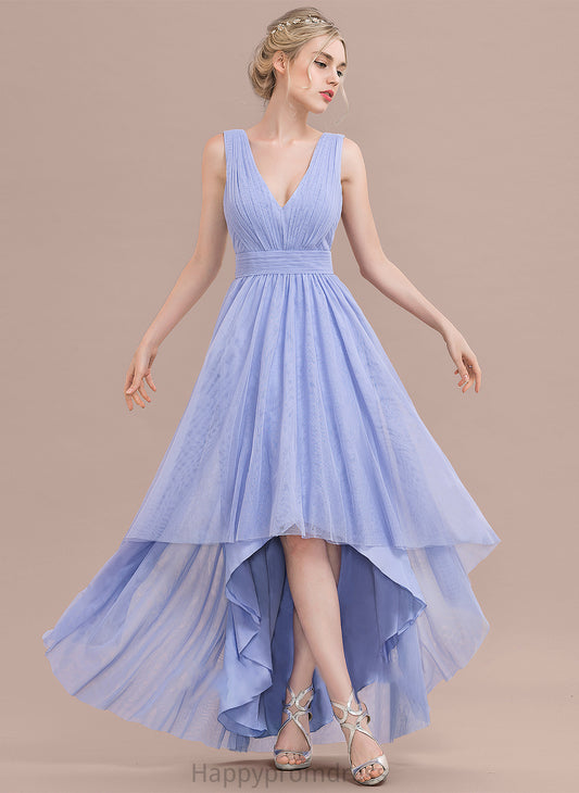 Tulle V-neck Ruffle Asymmetrical With Ball-Gown/Princess Prom Dresses Caitlyn