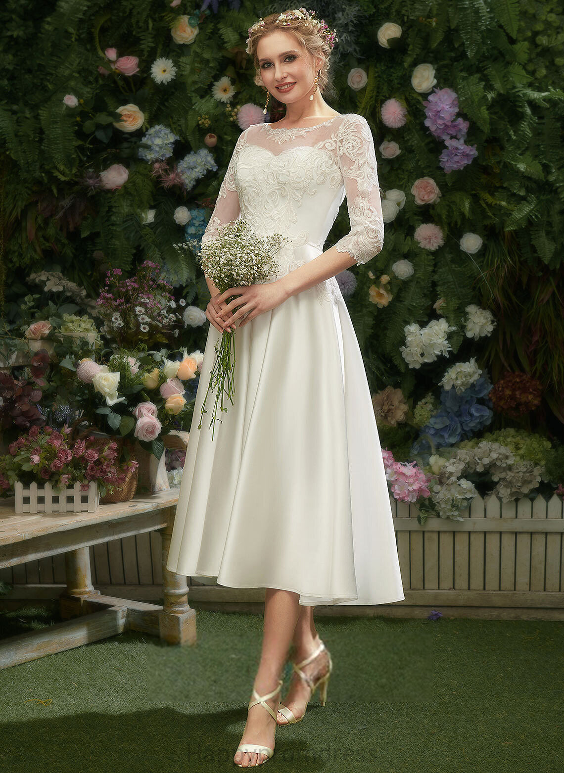 Illusion A-Line Lace With Satin Wedding Tea-Length Wedding Dresses Dress Louisa