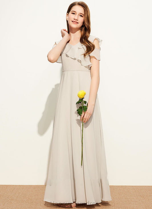 Chiffon V-neck Ruffles Michaela A-Line With Junior Bridesmaid Dresses Cascading Floor-Length