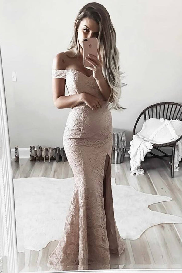 Mermaid Floor Length Off Shoulder Sleeveless Side Slit Prom Dresses