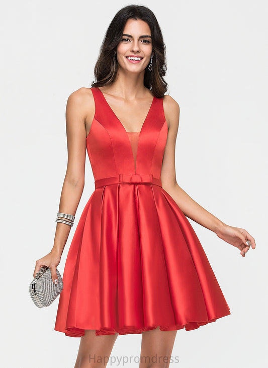 Satin V-neck Homecoming Dresses Bow(s) Short/Mini A-Line Kendall Homecoming Dress With