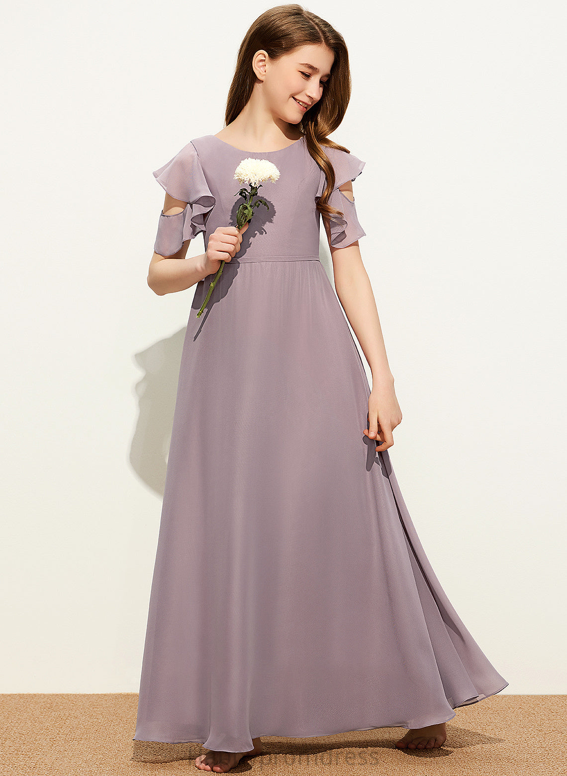 Neck Scoop Ruffles Cascading Floor-Length With Chiffon Junior Bridesmaid Dresses Corinne A-Line