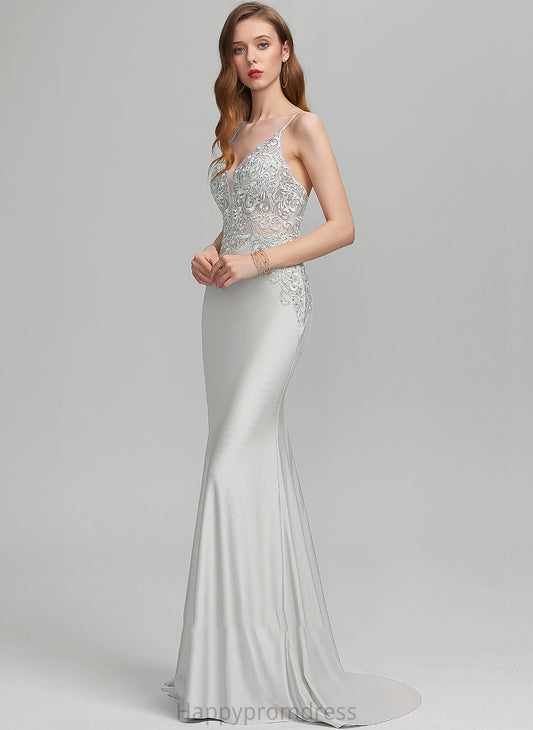 V-neck Train Trumpet/Mermaid Sweep Braelyn Prom Dresses Jersey With Sequins