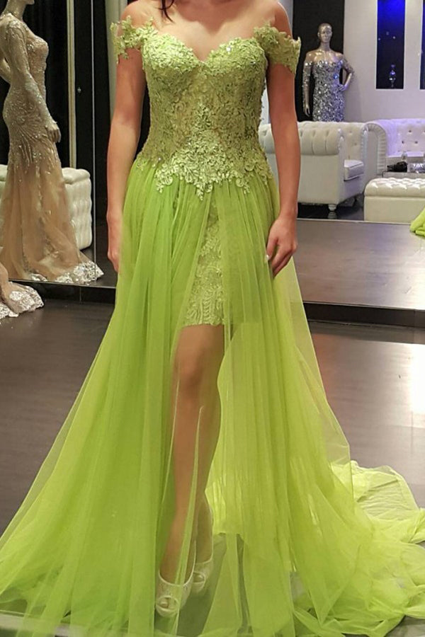 Green A Line Sweep Train Off Shoulder Sheer Back Appliques Prom Dresses