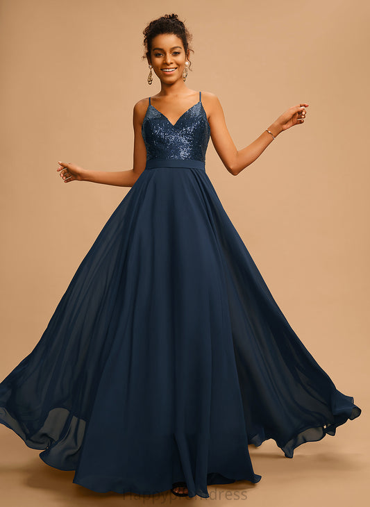 Izabella Sequins Chiffon V-neck Floor-Length A-Line Prom Dresses With