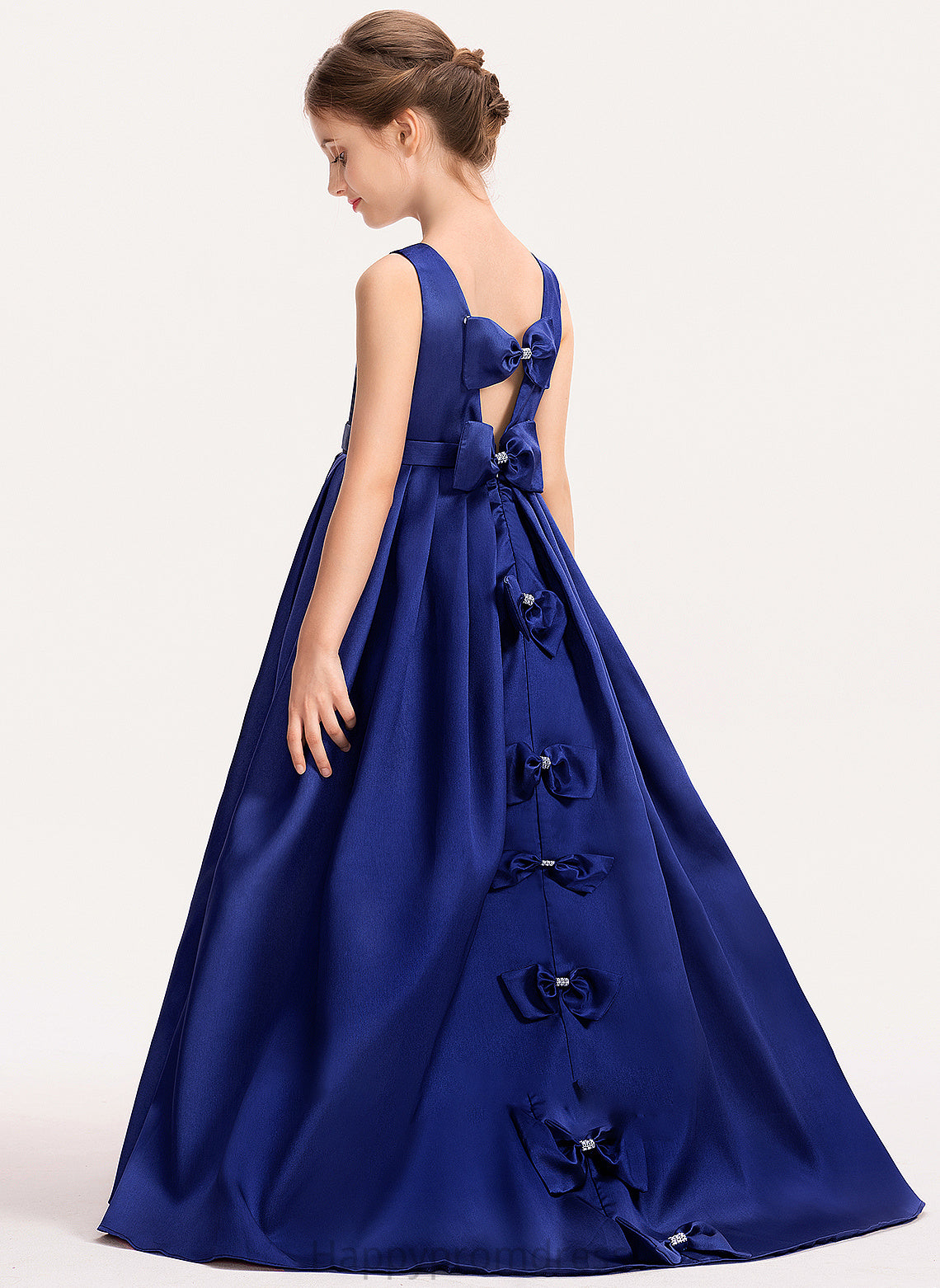 Monica With Train Sweep Junior Bridesmaid Dresses Bow(s) Satin Ball-Gown/Princess Neck Scoop