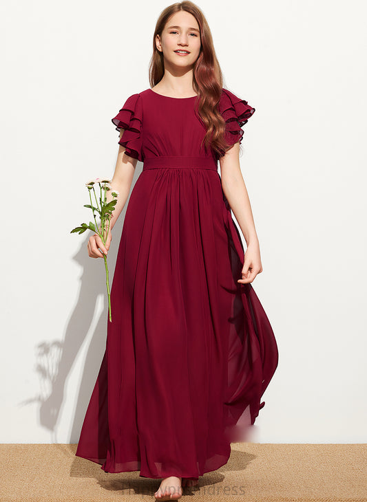 Floor-Length Junior Bridesmaid Dresses Cascading With Aspen Neck Ruffles A-Line Chiffon Scoop