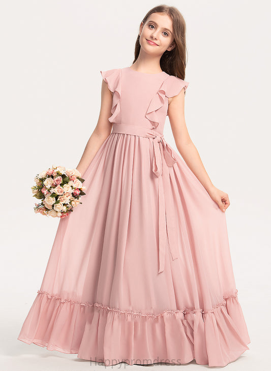 Neck Cascading Junior Bridesmaid Dresses Chiffon Floor-Length Bow(s) Ruffles With A-Line Aryanna Scoop