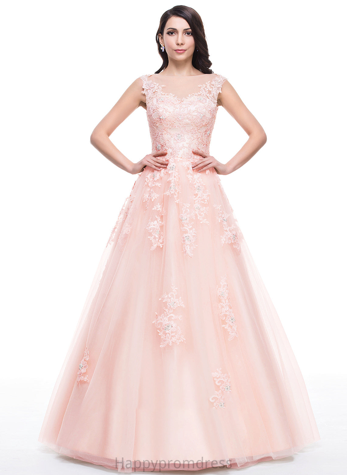 Appliques Scoop Ball-Gown/Princess With Sequins Prom Dresses Winnie Lace Tulle Neck Beading Floor-Length