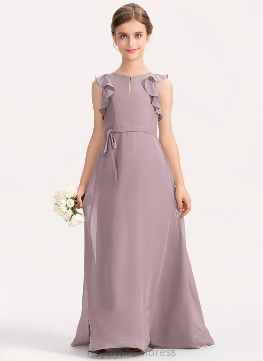 Chiffon Neck Bow(s) Kimora Scoop Floor-Length Ruffles A-Line Cascading With Junior Bridesmaid Dresses