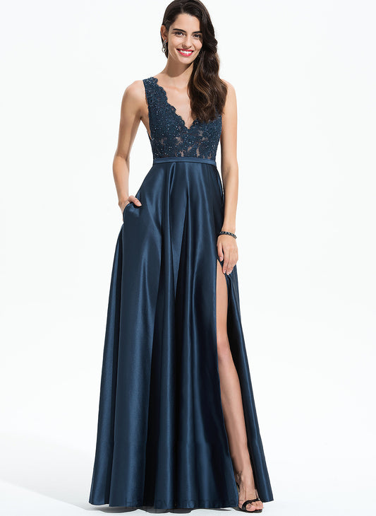 Front Prom Dresses Lace Sequins Kaylynn With Floor-Length V-neck A-Line Split Pockets Satin