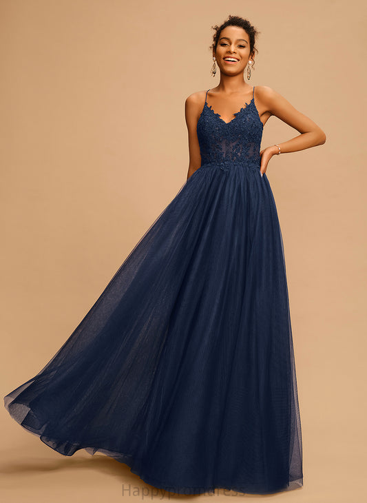 Beading V-neck Sequins Shaylee A-Line Tulle Floor-Length Prom Dresses With