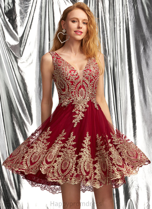 V-neck Lace Tulle Prom Dresses Campbell Appliques Short/Mini With A-Line