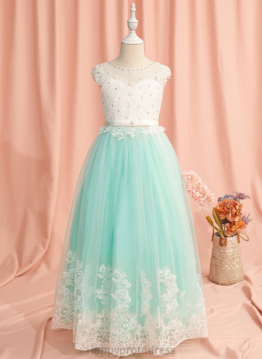 With Dress Tulle Flower Scoop Girl Sleeveless Lace/Beading/Bow(s)/V Flower Girl Dresses Ball-Gown/Princess Haylie - Floor-length Back Neck