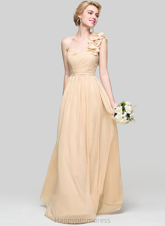 Fabric Flower(s) One-Shoulder Ruffle Embellishment Length A-Line Floor-Length Neckline Silhouette Destiney Natural Waist Bridesmaid Dresses