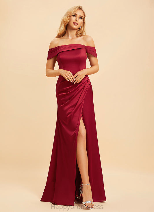 Fabric Floor-Length Embellishment SplitFront Off-the-Shoulder A-Line Length Neckline Silhouette Kaiya Sheath/Column Spaghetti Staps Bridesmaid Dresses